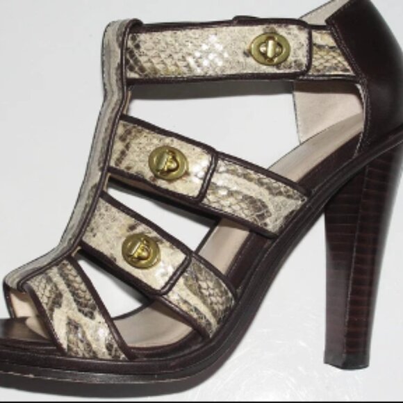 COACH~SNAKESKIN~GOLD TURNLOCK *TAMARAH* 4" STACKED WOOD~ HEELS~PUMPS SANDALS - Picture 2 of 3
